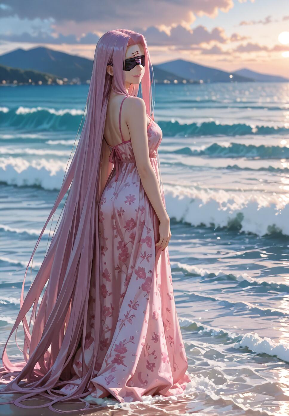 A full-body illustration of Medusa (Rider) from the Fate series standing in the ocean at a beach. She has very long pink hair, a black blindfold, and is wearing a pink floral summer dress while looking back over her shoulder with a smile.