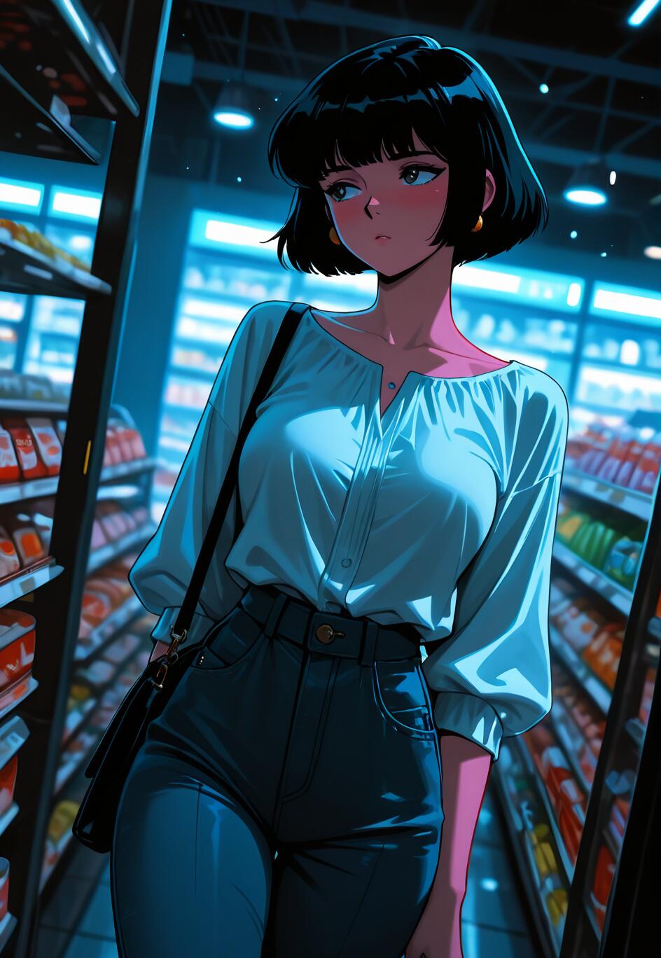 An anime-style illustration of a woman with a black bob haircut shopping in a brightly lit convenience store aisle at night.