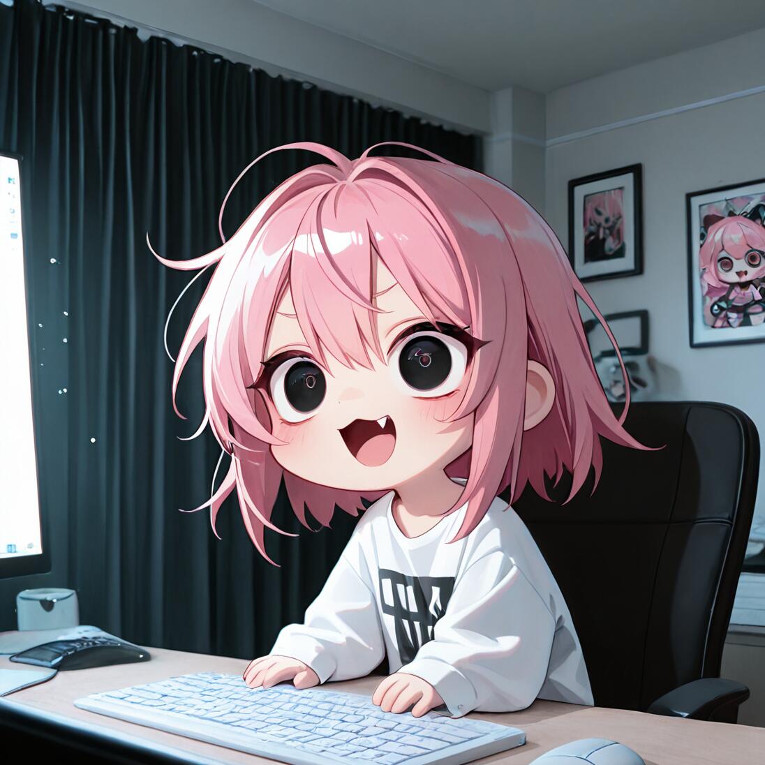 A chibi anime girl with short pink hair and a fang sits at a desk in front of a computer, smiling excitedly with her hands on the keyboard.