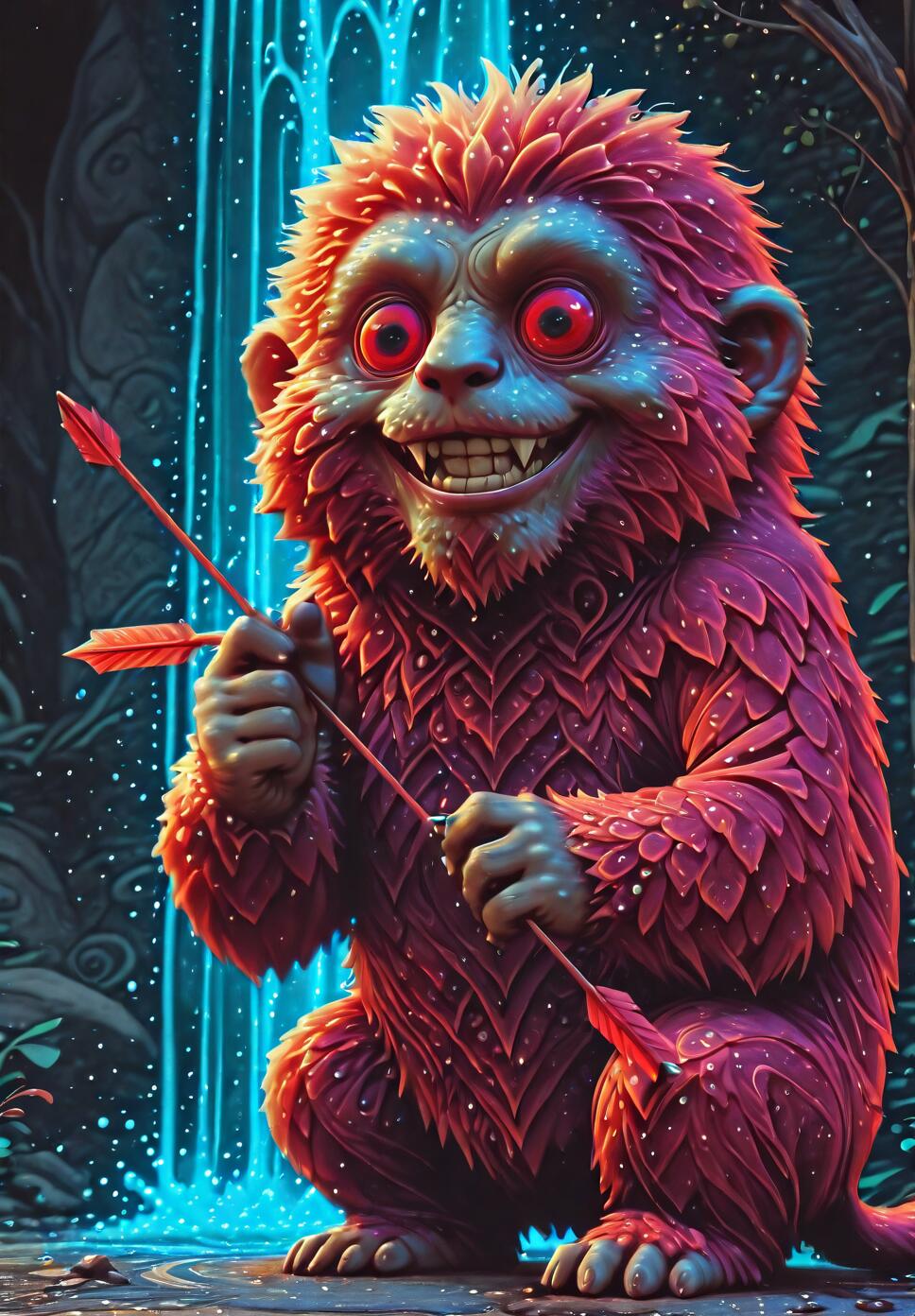 A full shot of a whimsical, furry red monster with large red eyes and a wide toothy smile. The creature is sitting in a dark, magical forest in front of a glowing blue waterfall and is holding a red arrow.