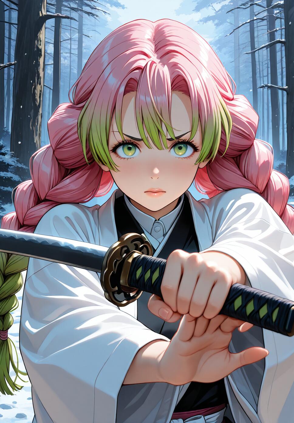 An illustration of Mitsuri Kanroji from Demon Slayer, with her signature long pink and green braided hair. She is wearing a white haori over her uniform and holds a katana with both hands, pointing it towards the viewer with a focused expression, set against a background of a snowy forest.