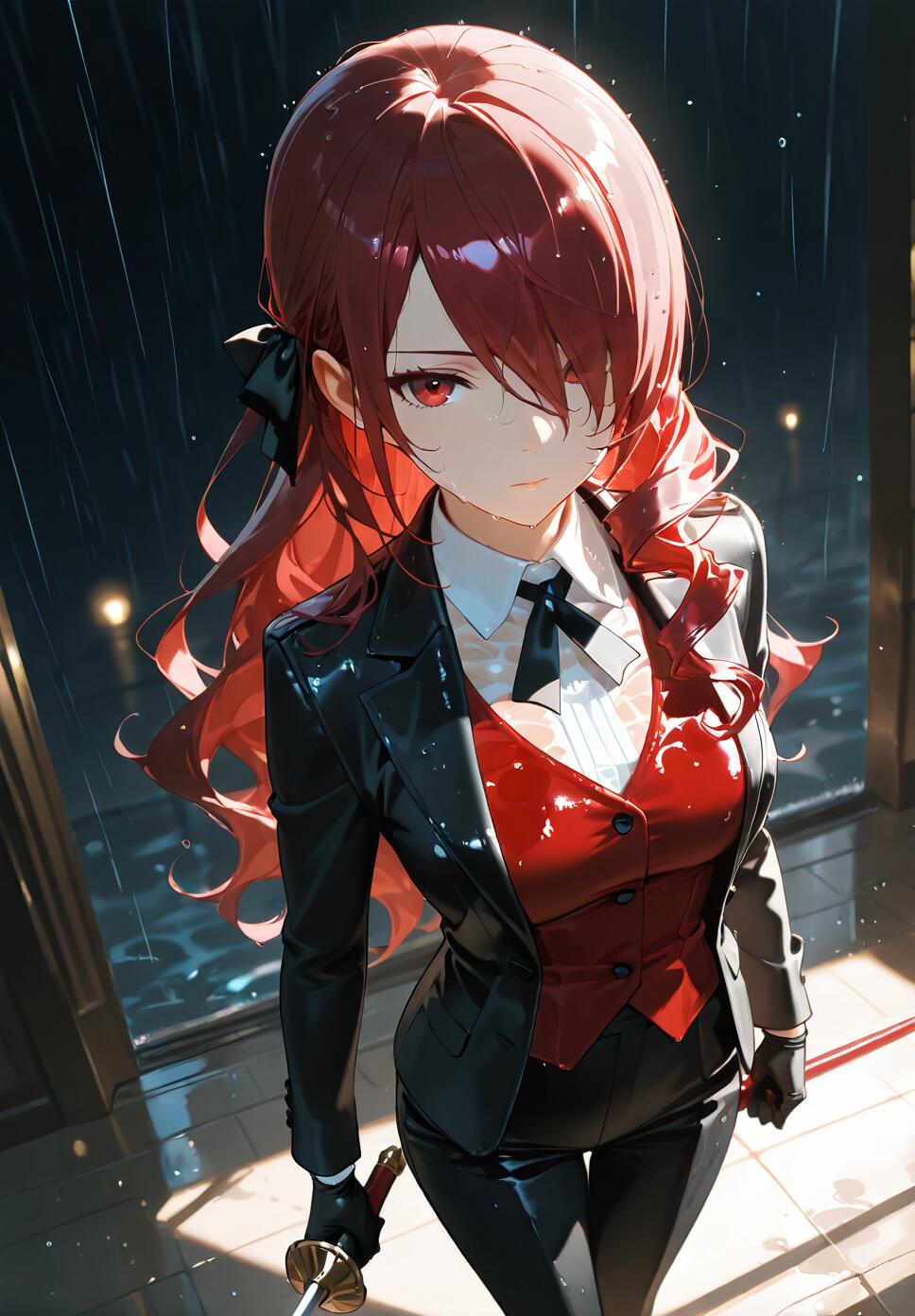 An anime-style illustration of Mitsuru Kirijo from Persona 3. She has long red hair and red eyes, and is standing in the rain at night, holding a sword. She wears a black suit with a red vest and black gloves.
