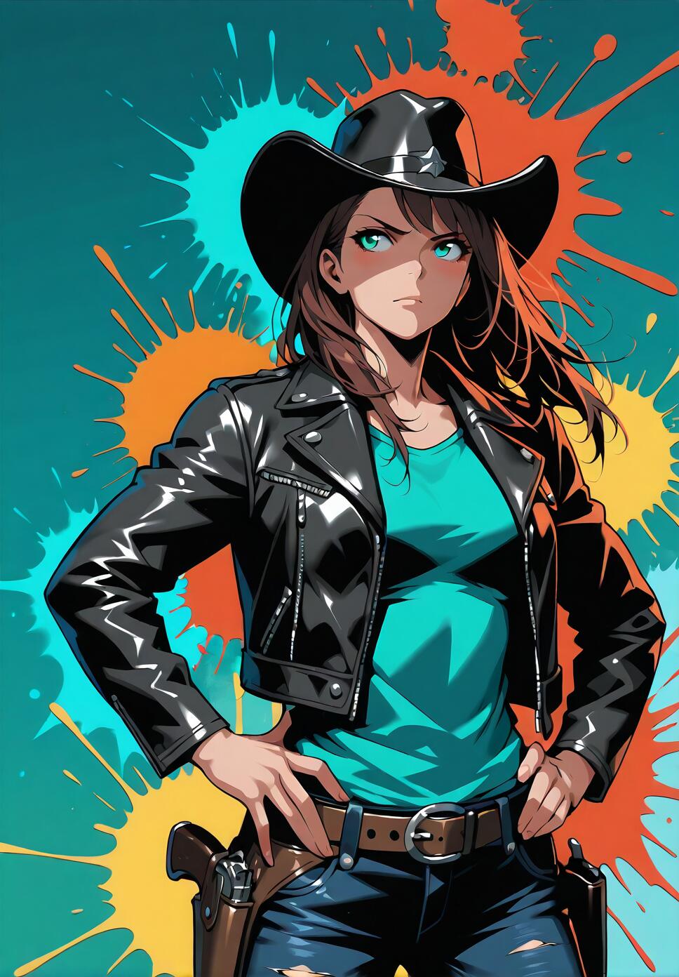 An anime-style illustration of a woman with brown hair and a black cowboy hat, wearing a black leather jacket and jeans with a gun holster, posing with hands on her hips against a colorful paint splatter background.