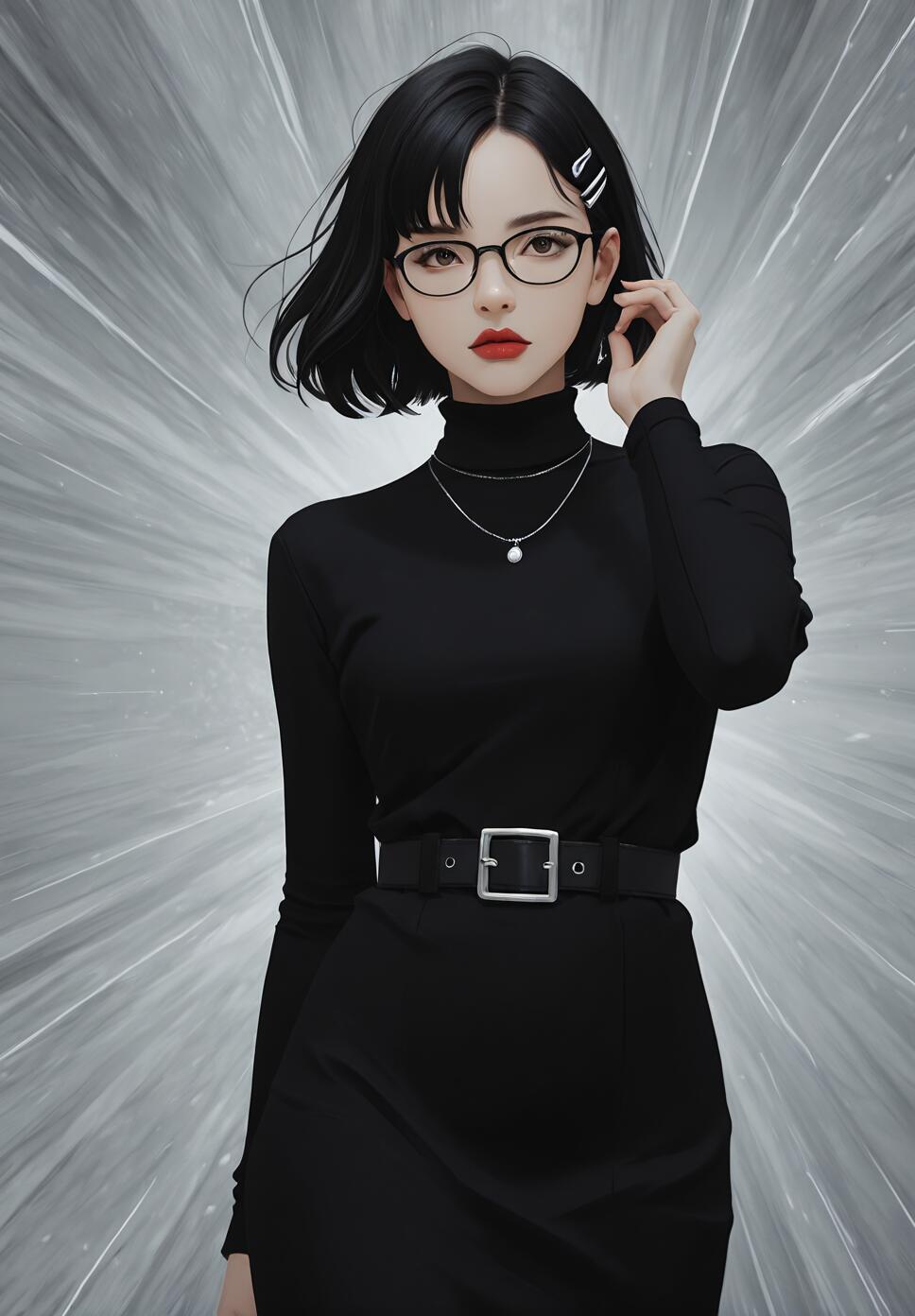 A stylish illustration of a young woman with short black hair, glasses, and red lipstick. She wears a black turtleneck dress with a belt and a pearl necklace, posing against a dynamic grey and white background.