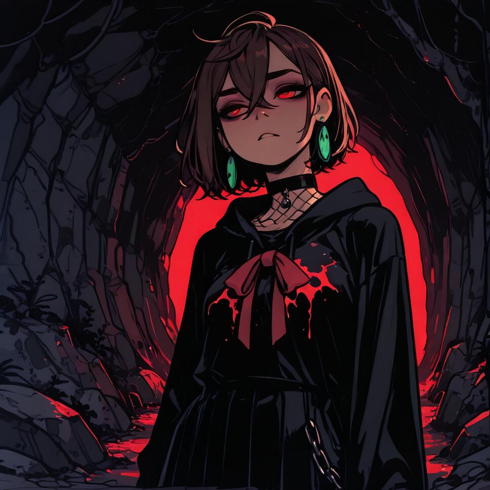 An anime illustration of Momo Ayase from Dandadan in a dark cave. She has short brown hair, glowing red eyes, and wears a black goth hoodie with a red bow. A strong red light illuminates the scene from behind her.