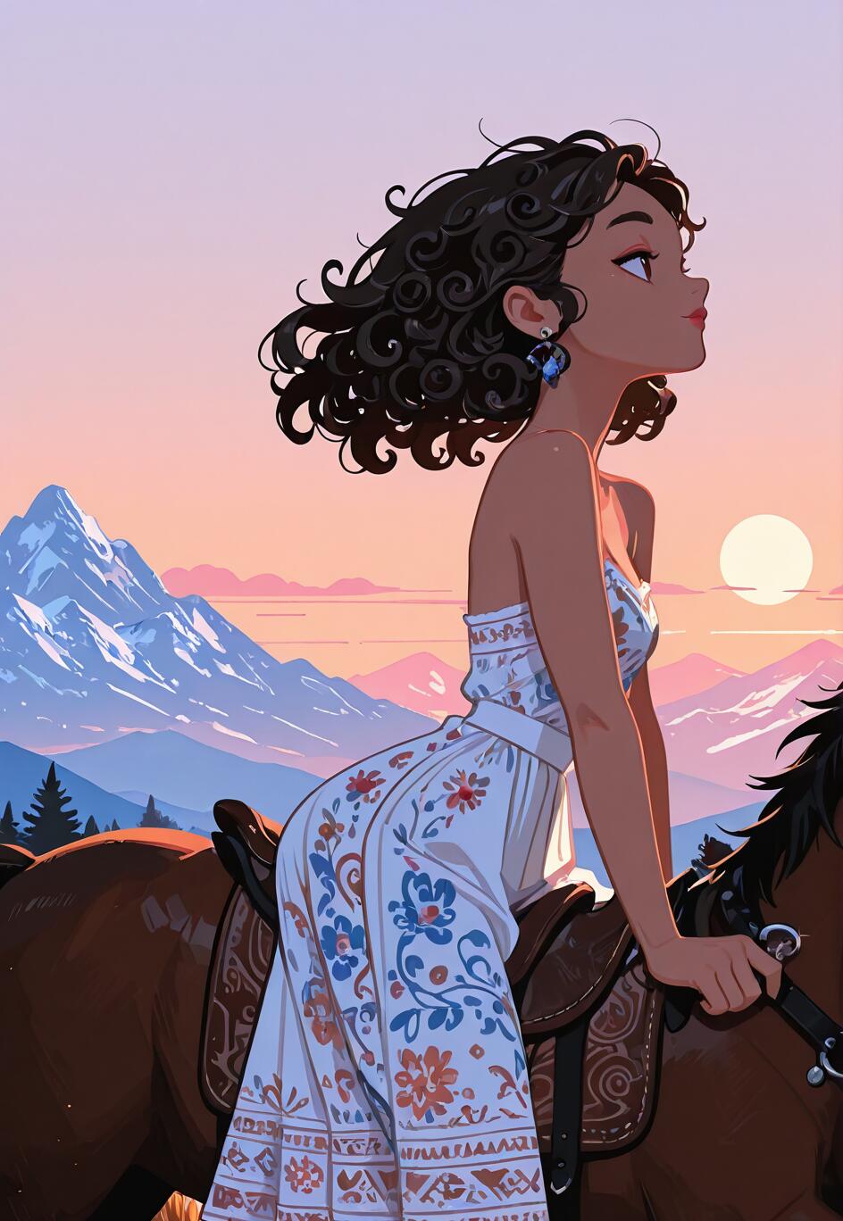 A Mongolian girl horseback riding in a scenic mountain landscape during sunrise, wearing traditional attire and a decorated saddle.