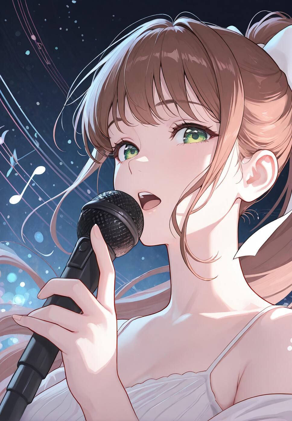 An anime-style illustration of Monika from Doki Doki Literature Club! singing into a microphone. She has long brown hair in a ponytail with a white ribbon and expressive green eyes against a dark blue background with musical notes.