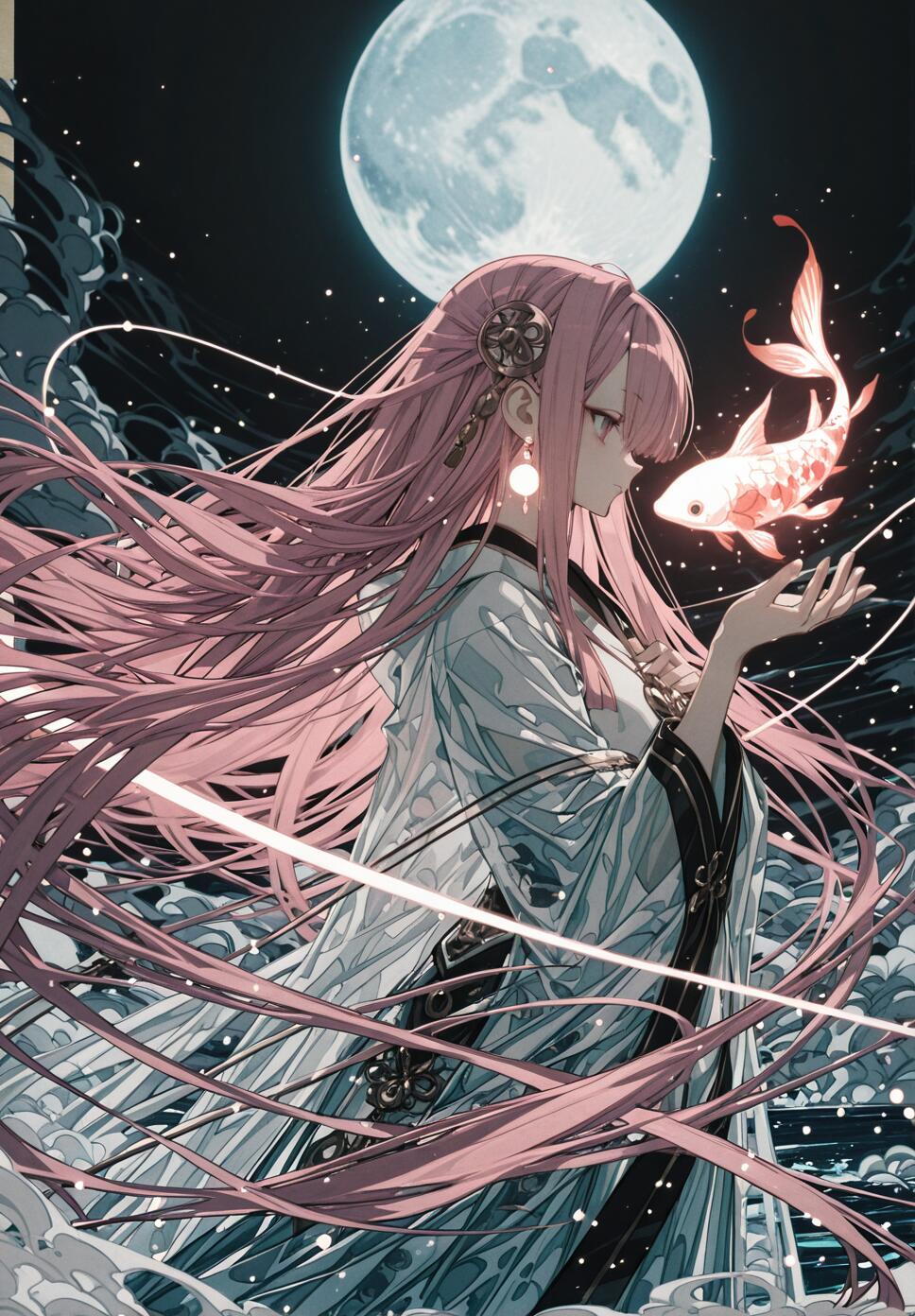 An anime-style illustration of a woman with long pink hair in a flowing traditional robe, standing under a large full moon at night. A glowing koi fish floats in front of her outstretched hand.