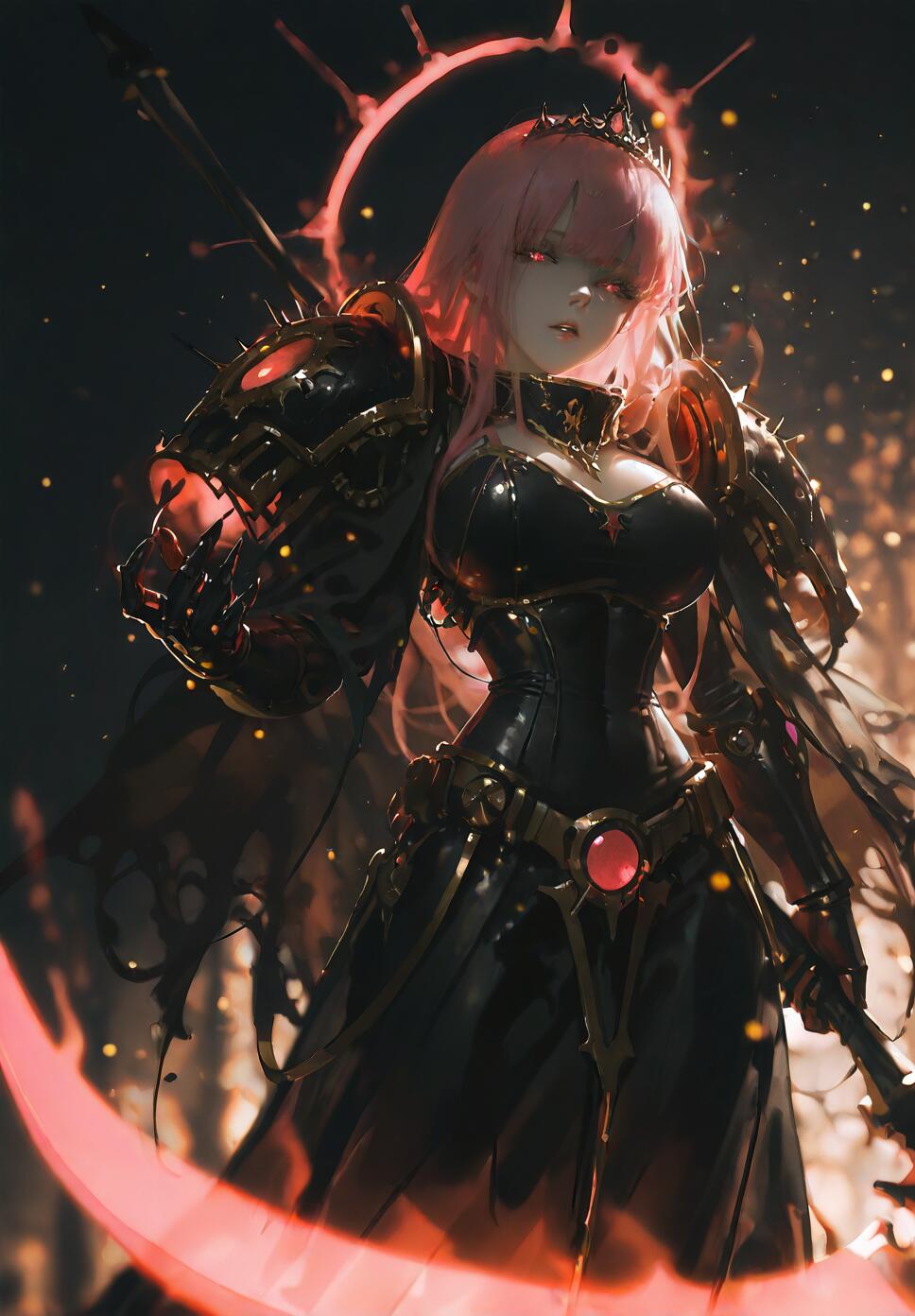 A full-body digital illustration of VTuber Mori Calliope as a dark empress. She has long pink hair, glowing red eyes, and wears intricate black power armor with a crown. She holds a large glowing red scythe in a dark, moody setting with a spiky halo behind her.