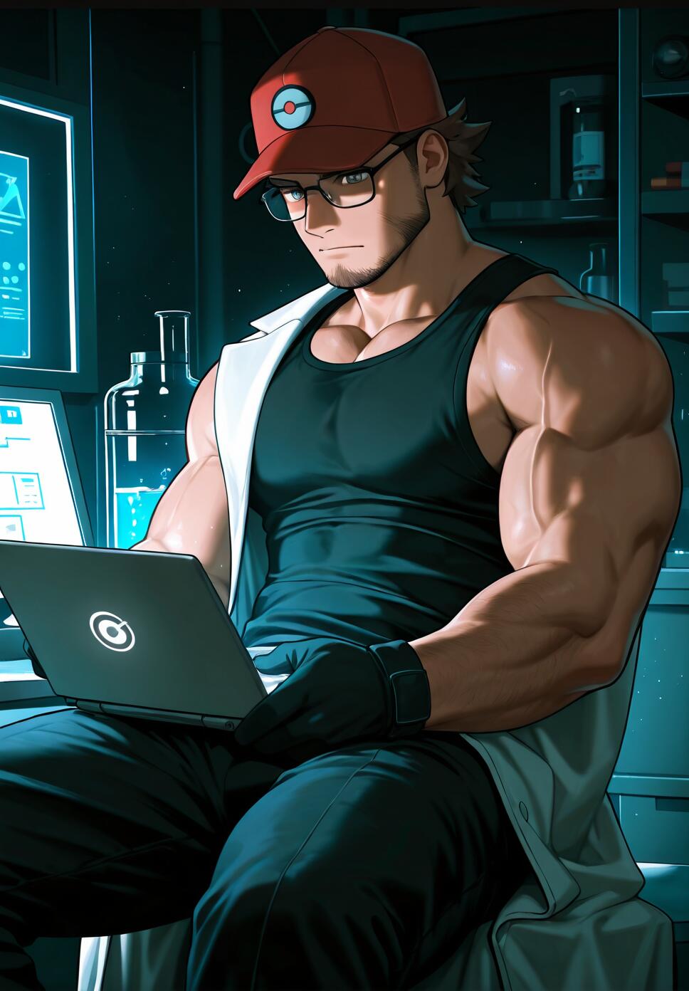An anime-style illustration of a very muscular man with short brown hair, glasses, and a beard stubble, identified as Noland from Pokémon. He is sitting in a dark lab, wearing a red Pokémon cap, a black tank top, and a white sleeveless lab coat, while looking at a laptop on his lap.