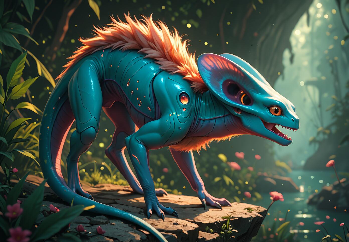 A four-legged, turquoise alien creature with a mane of orange fur and large, round ears stands on a rock in a lush, magical jungle next to a stream.