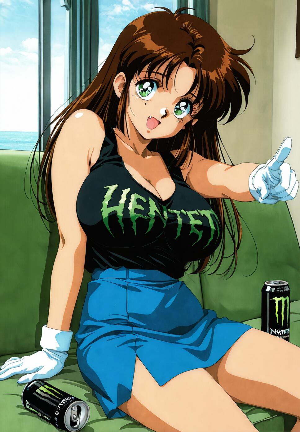 A 90s-style anime illustration of Natsumi Tsujimoto with brown hair and green eyes, wearing a black tank top and blue skirt. She is sitting on a green couch, pointing at the viewer with two cans of Monster Energy drink nearby.