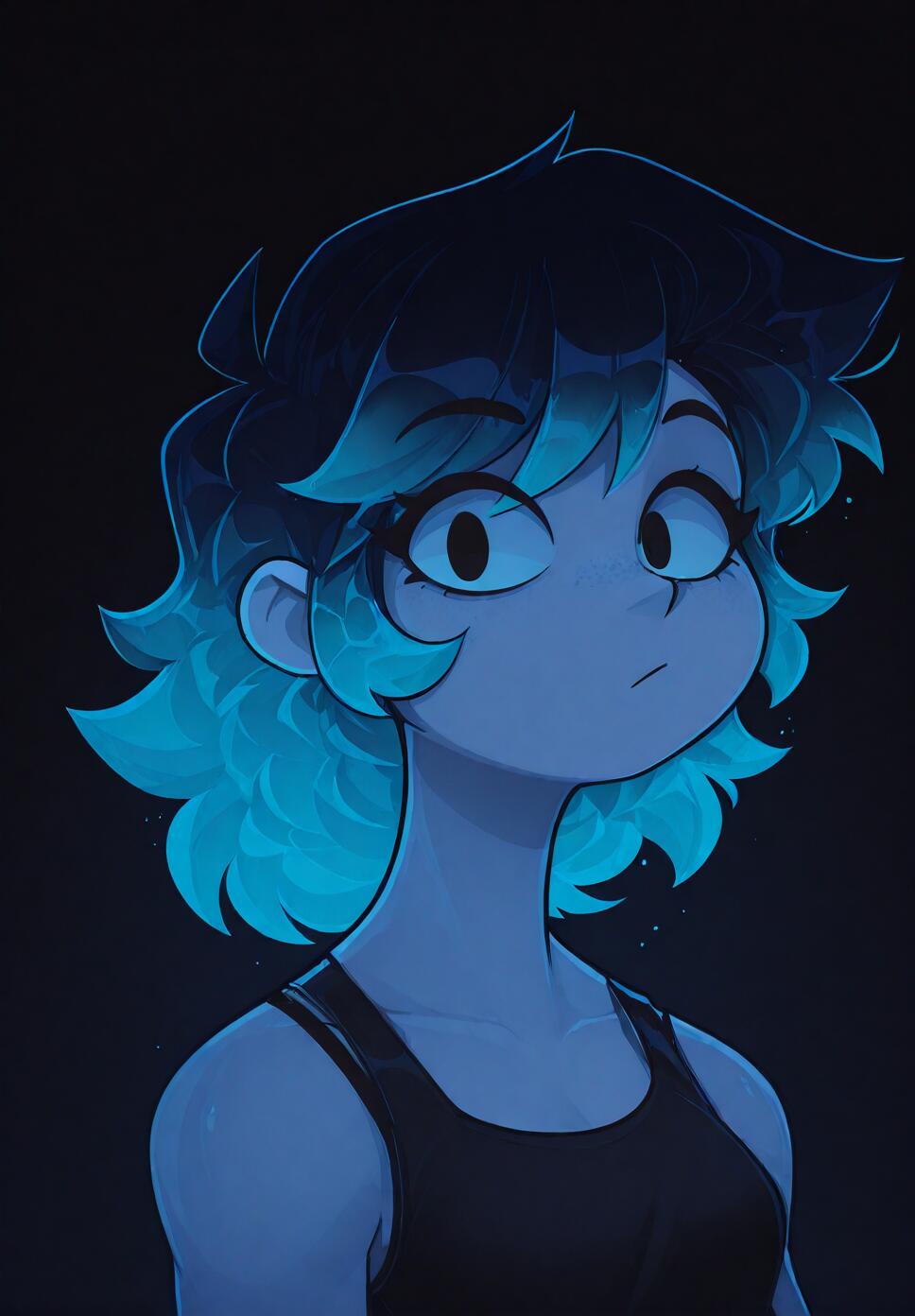 A stylized digital illustration of a young woman named Rae with short, messy hair that glows a bright cyan blue in the dark. She has large eyes and a surprised expression, wearing a black tank top against a black background.