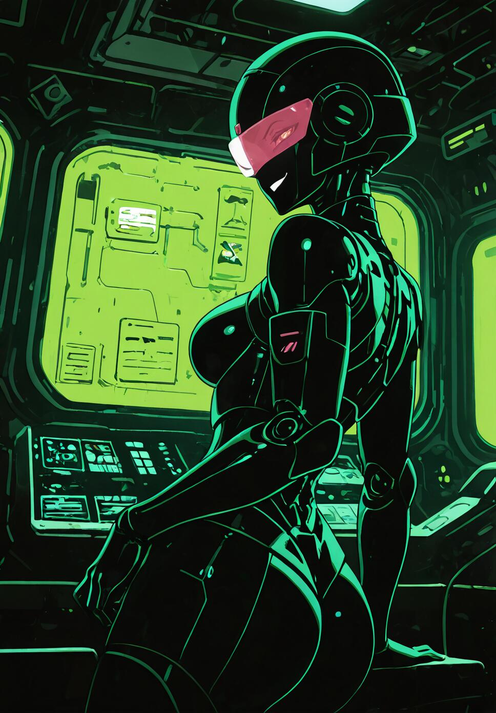 An illustration of a female-presenting robot in a sleek black suit and helmet with a pink visor, standing inside a spaceship cockpit illuminated by bright green computer screens.