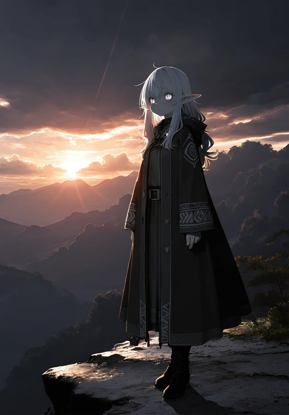 A full-length illustration of a young elf with long white hair and glowing eyes standing on a mountain cliff. They wear a long, dark, patterned cloak and look out over a valley as the sun rises or sets behind the mountains.