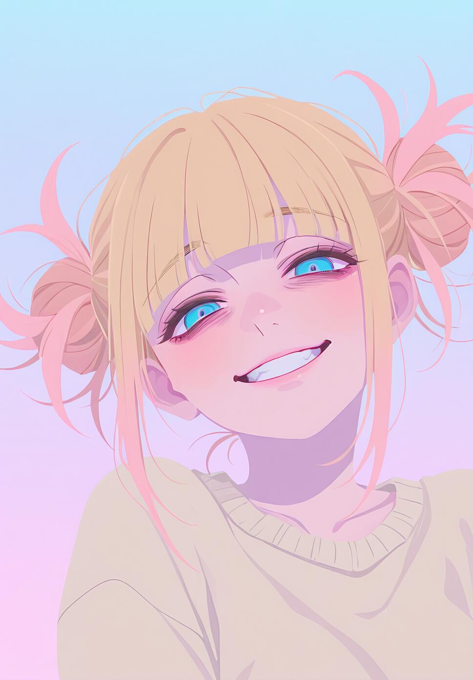 A digital illustration of Himiko Toga from My Hero Academia. She has blonde hair in two messy buns, bright blue eyes, and is giving a wide, fanged smile. The artwork uses a soft pastel color palette with a pink and blue gradient background.