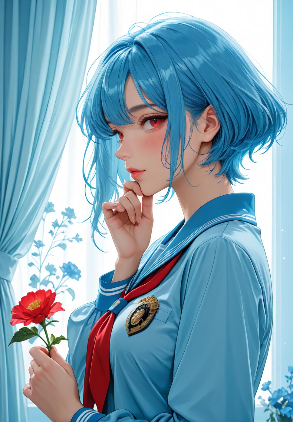 An anime-style illustration of a young woman with short blue hair and red eyes, wearing a blue school uniform. She is holding a red flower and has her other hand to her chin in a pensive pose, standing next to a window with light blue curtains.