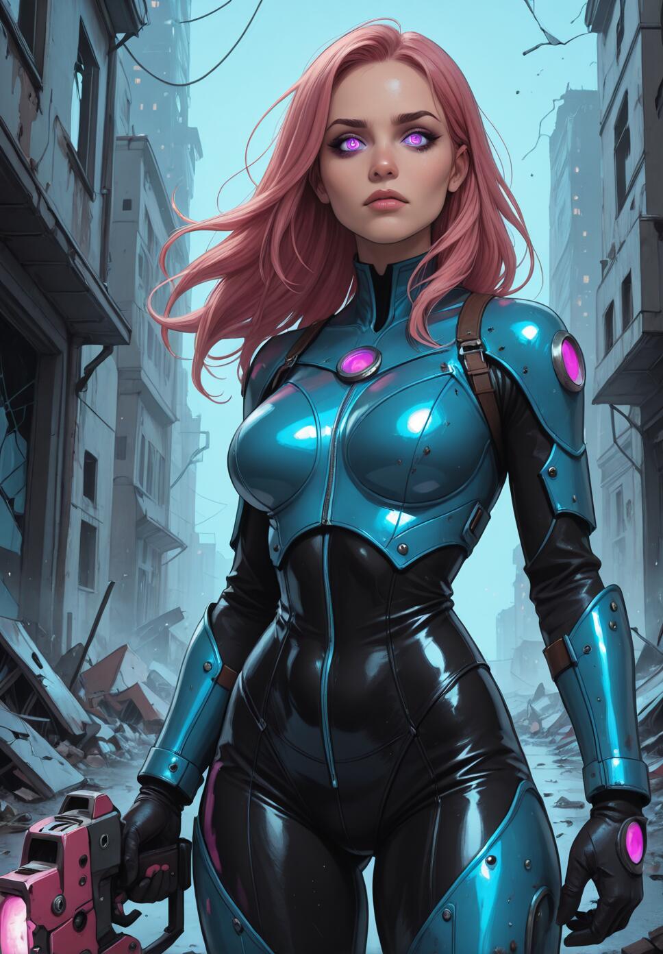 A woman with pink hair and glowing purple eyes in a futuristic blue and black armored suit stands in a destroyed city street, holding a large sci-fi weapon.