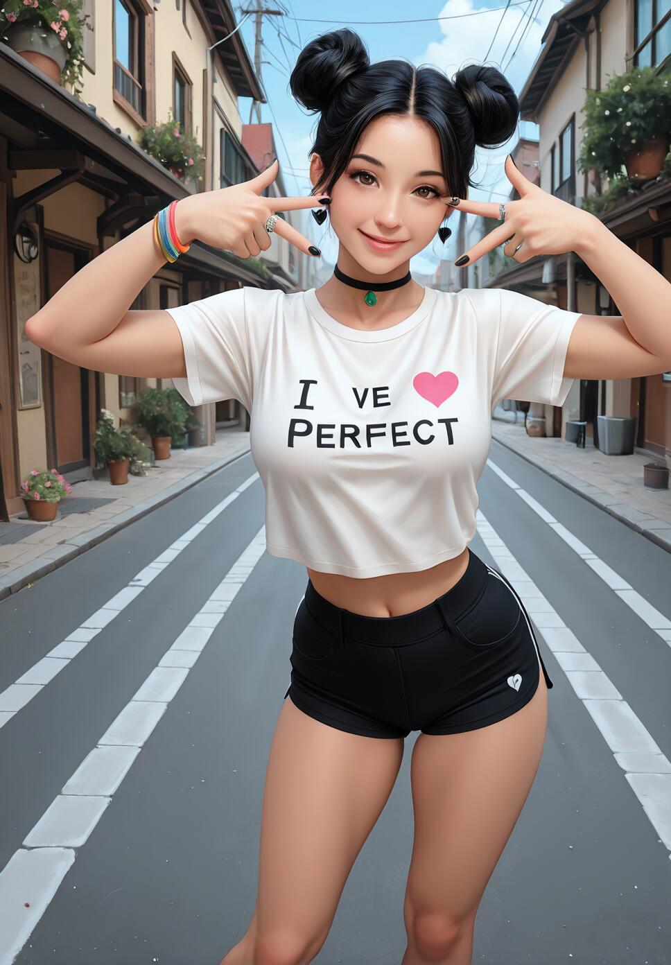 A stylish young woman with black hair in double buns wearing a white crop top and black shorts, posing and smiling in the center of a quaint urban street.