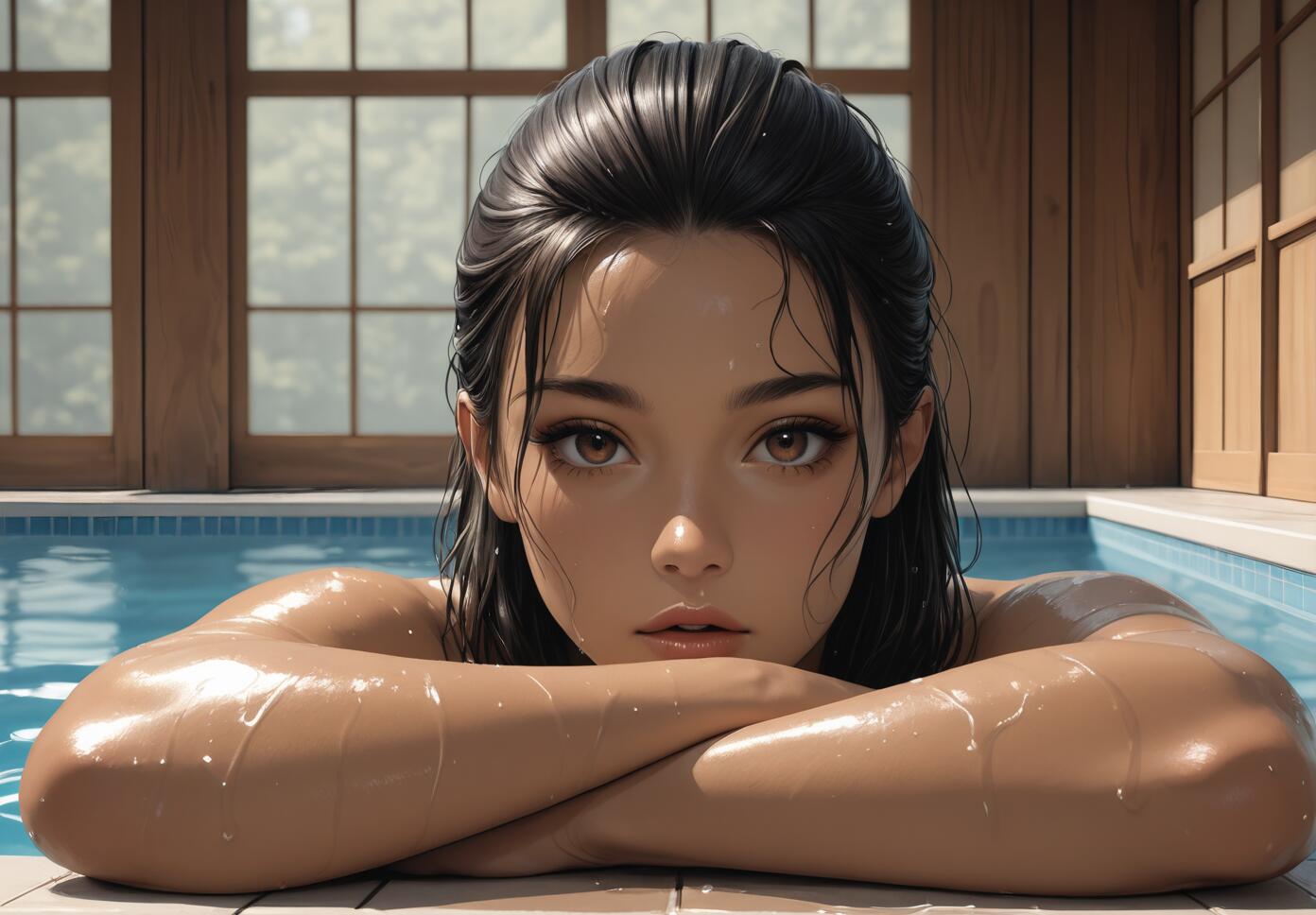 A close-up digital portrait of a beautiful young woman with wet black hair and intense brown eyes, looking directly at the camera while resting her crossed arms on the edge of a swimming pool.