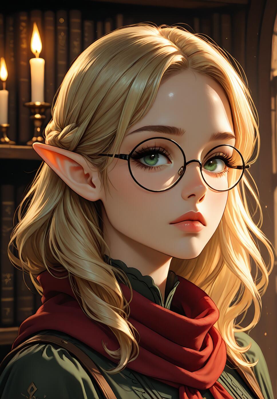 A close-up portrait of a beautiful female elf with medium-length blonde hair, pointed ears, and large green eyes. She is wearing round glasses, a red scarf, and a green tunic, standing in a library with lit candles and bookshelves in the background.
