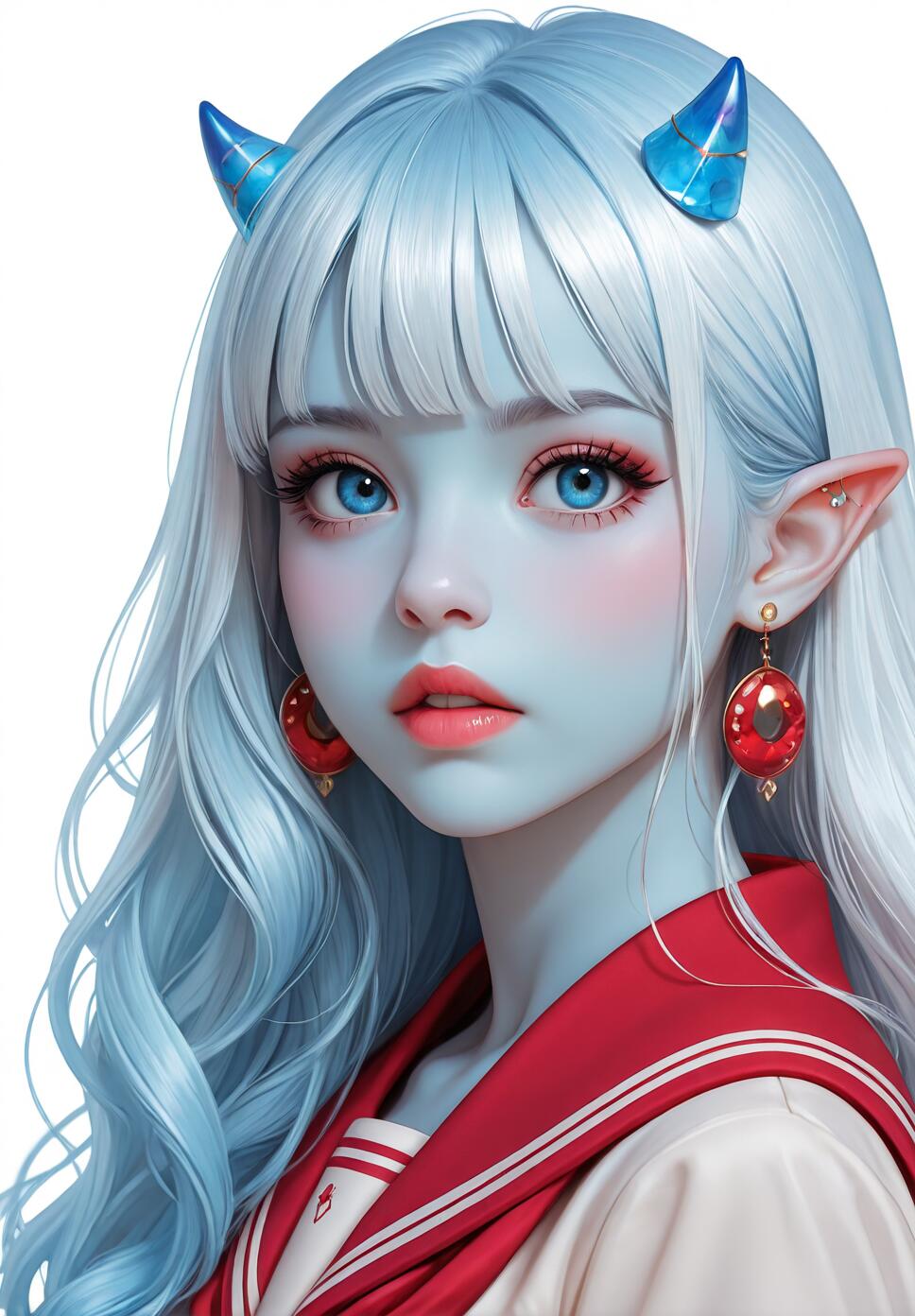 A head and shoulders portrait of a fantasy girl with light blue skin, long light blue hair, and bright blue eyes. She has small blue horns, pointed ears with red earrings, and is wearing a red and white sailor school uniform.