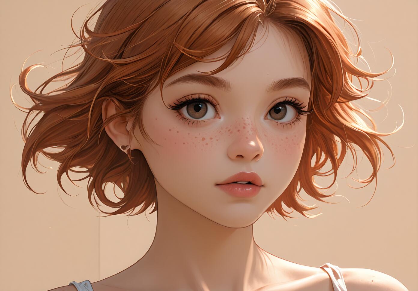 A digital illustration of a young woman with short, wavy auburn hair, big brown eyes, and freckles, looking directly at the viewer against a plain background.