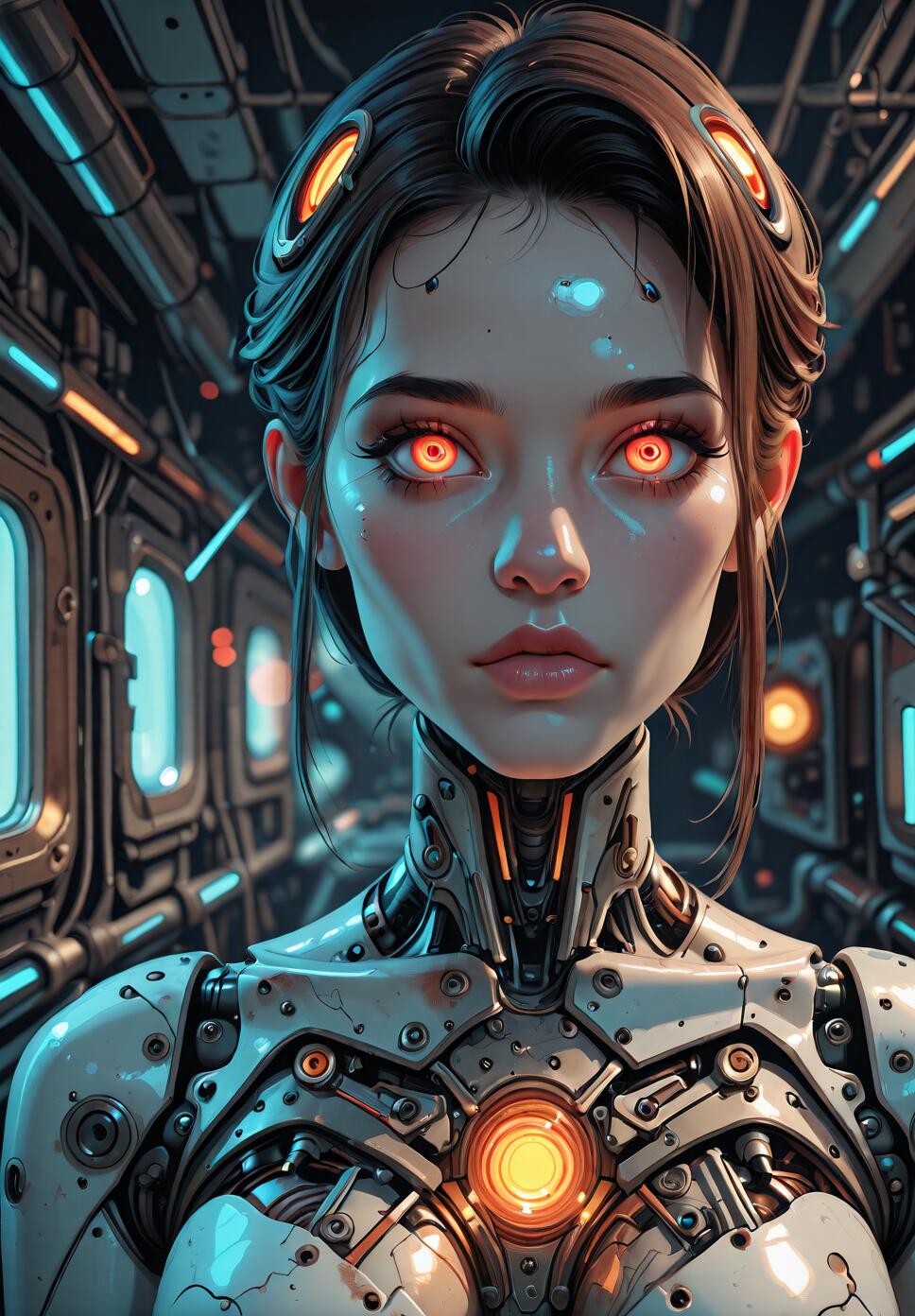 A head and shoulders portrait of a female android with a human-like face, brown hair, and glowing orange eyes. Her robotic body is white with a glowing orange core, and she is standing in a futuristic, industrial hallway.