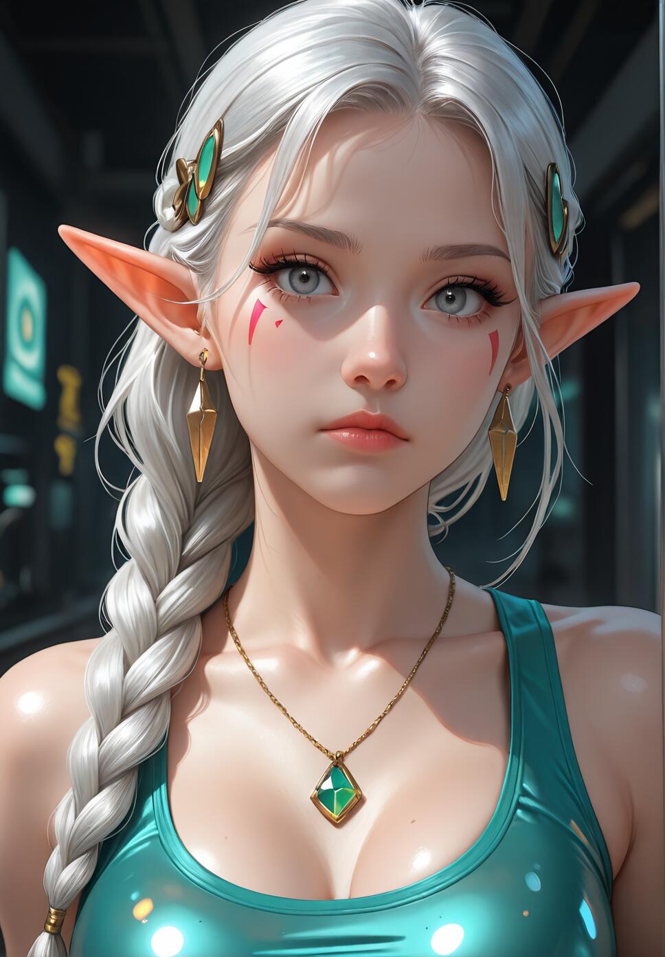A close-up portrait of a young woman with elf ears and long, braided white hair. She has grey eyes, pink markings on her cheeks, and wears a teal top, gold earrings, and a necklace with a green gem, looking directly at the camera with a neutral expression against a dark, blurry background.