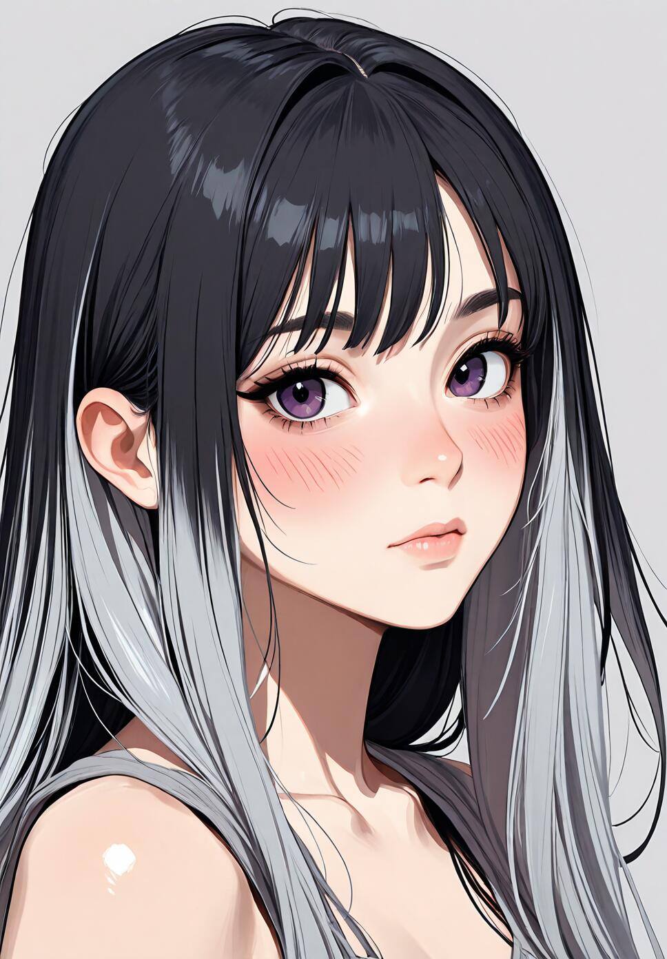 An anime-style illustration of a young woman with long, two-tone black and grey hair, striking purple eyes, and a blush on her cheeks, looking softly at the viewer against a plain background.