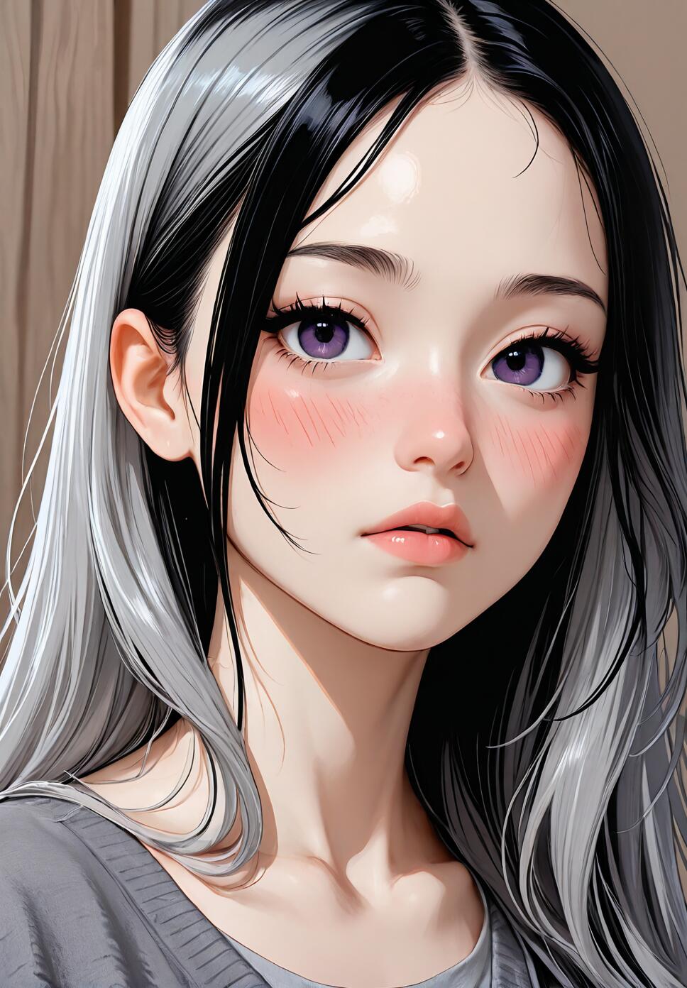 A close-up digital portrait of a beautiful anime girl with long black and silver hair, striking purple eyes, and a soft blush on her cheeks.