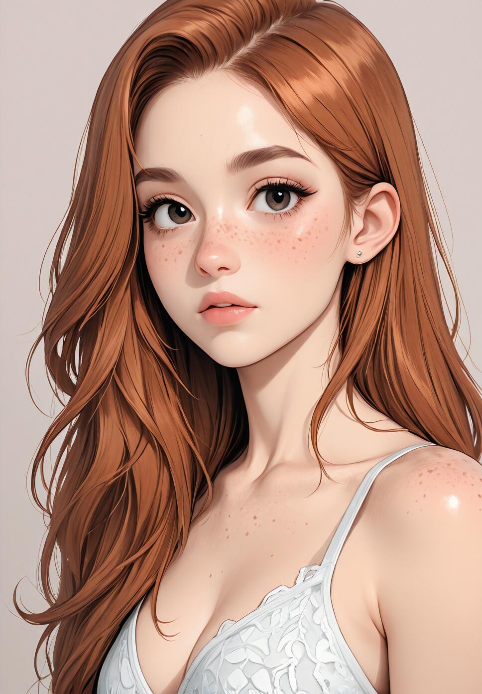 A digital illustration of a young woman with long, wavy red hair, large brown eyes, and freckles across her face and shoulders. She is looking at the viewer with a gentle expression and wearing a white lace top.