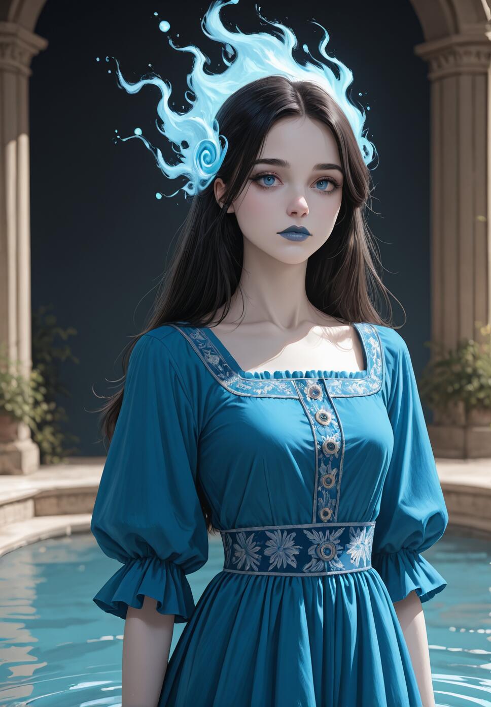 A fantasy illustration of a young woman with long dark hair, pale skin, and blue eyes, wearing a blue dress. A magical crown of glowing blue water swirls above her head as she stands in front of a pool.