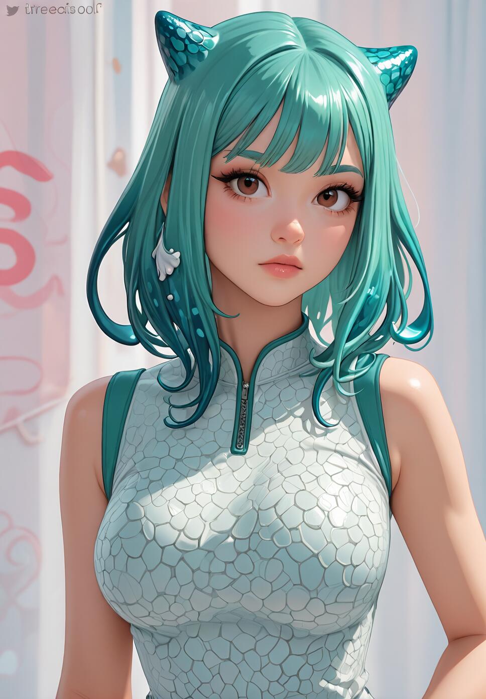 A digital illustration of a young woman with shoulder-length teal hair and matching scaly cat-like ears. She has large brown eyes and is wearing a light-colored, sleeveless top with a scale pattern and a zipper at the collar.