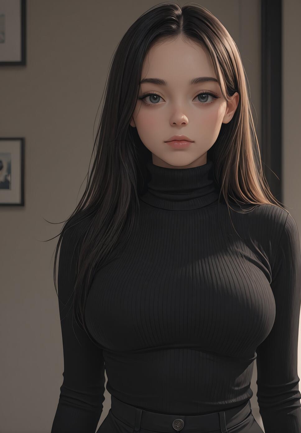 A digital illustration of a young woman with long dark hair and large grey eyes, wearing a tight black ribbed turtleneck sweater and looking directly at the camera in a softly lit room.