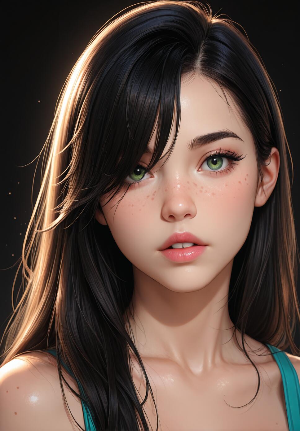 A highly detailed digital portrait of a young woman with long black hair, bright green eyes, and freckles. She is looking forward with a neutral expression against a black background.