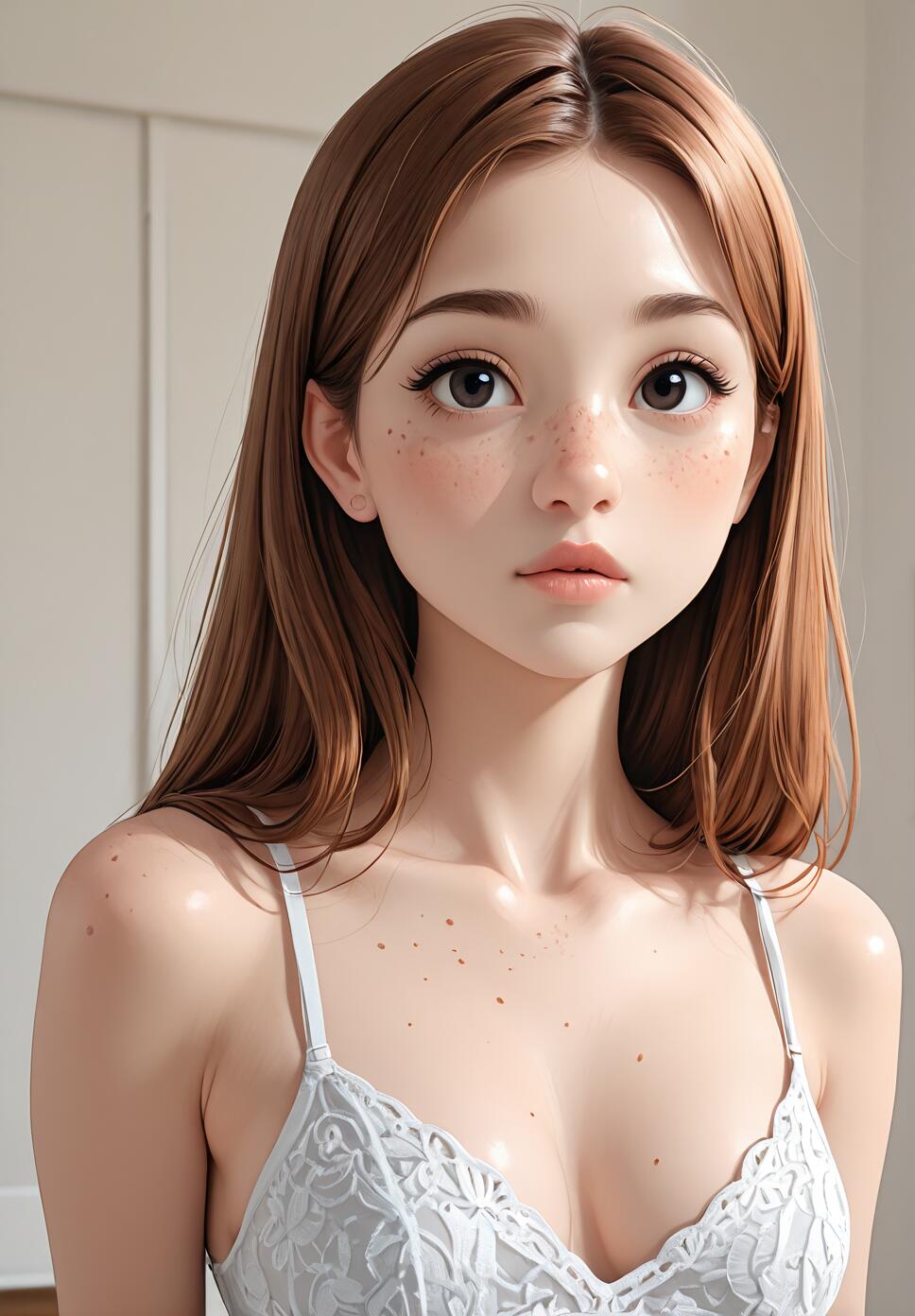 A digital illustration of a young woman with long brown hair, large brown eyes, and freckles across her face. She is wearing a white lace bralette and looking softly at the camera.