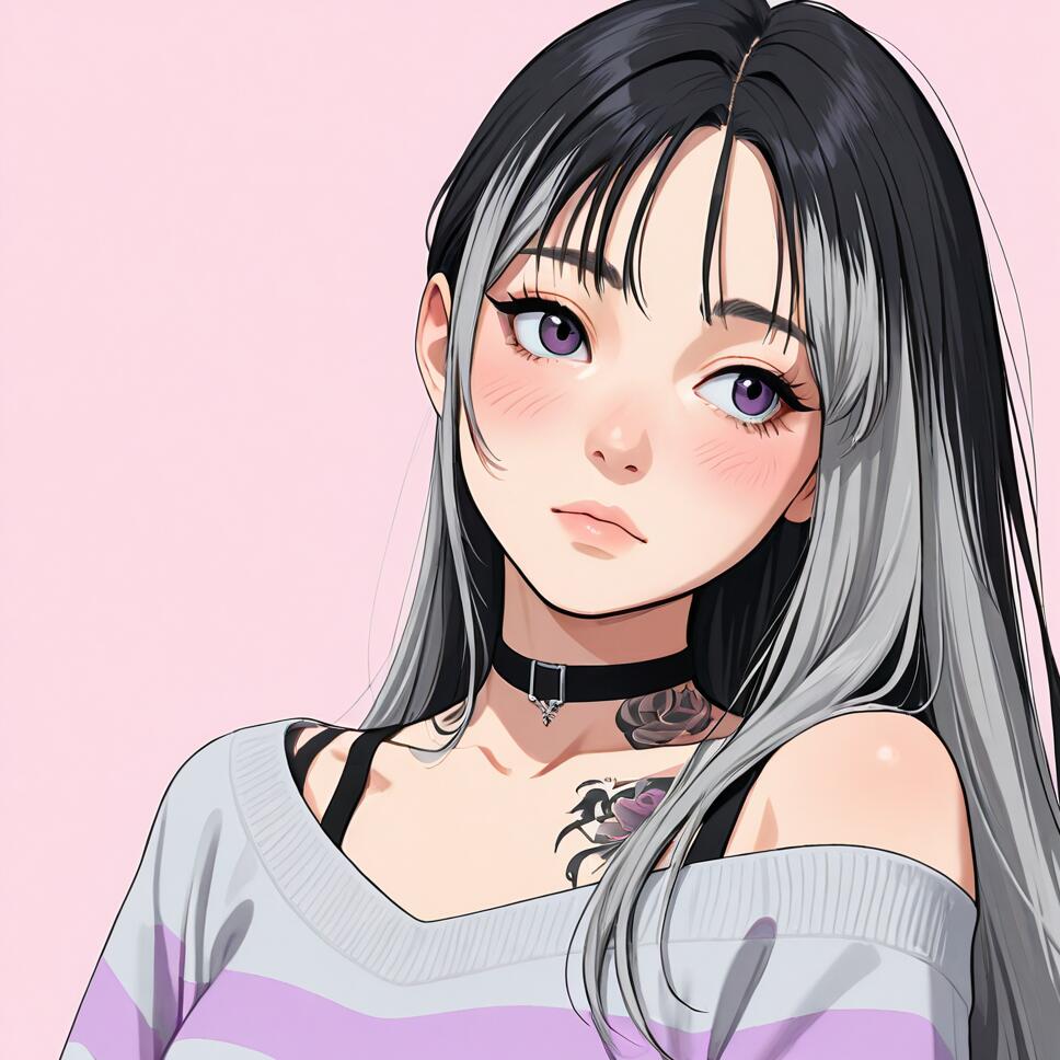 An anime-style illustration of a young woman with long black and grey hair and purple eyes. She wears a striped lavender sweater, a black choker, and has a flower tattoo on her chest, set against a plain pink background.