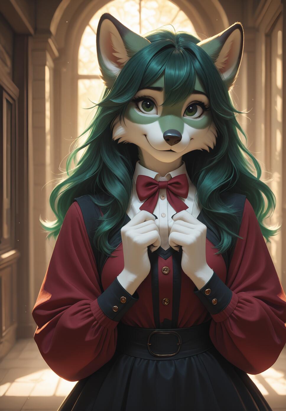 An anthropomorphic fox girl with long, dark green hair and green eyes. She is wearing a formal red and black outfit with a red bow tie, standing in a sunlit hallway and smiling shyly.