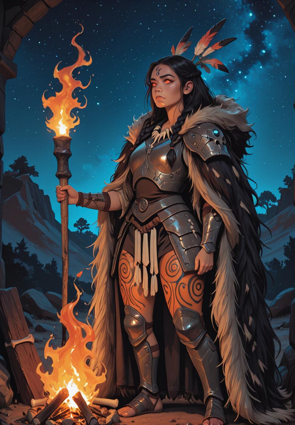 A full-body illustration of a female fantasy shaman in armor and a fur cloak, holding a flaming torch next to a bonfire under a starry night sky.