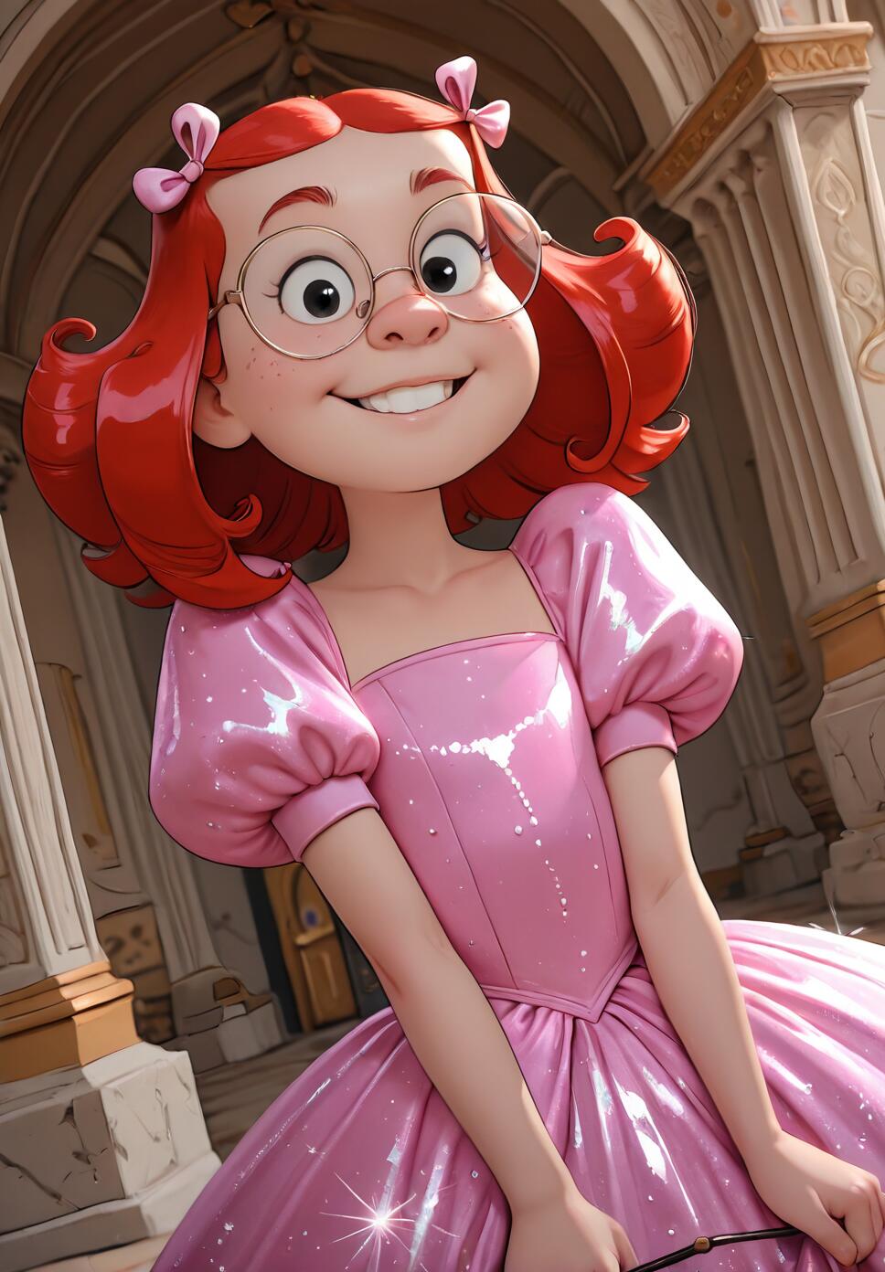A digital illustration of Margaret Wade from Dennis the Menace, a young girl with red hair and glasses, smiling happily while wearing a sparkling pink princess gown inside a grand palace.