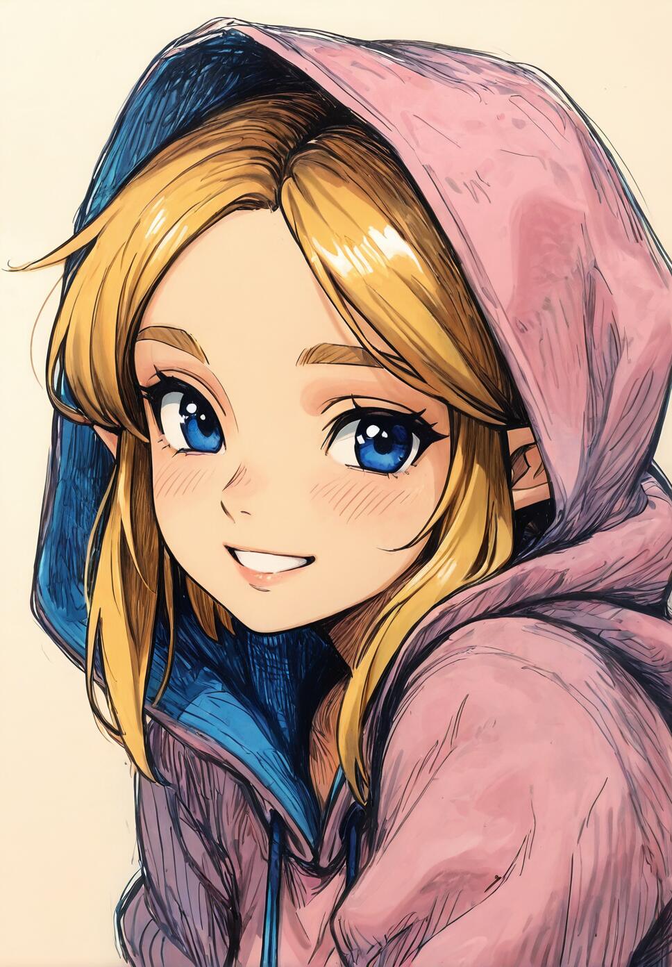 A close-up color sketch of Princess Zelda with blonde hair and bright blue eyes, smiling warmly while wearing a pink and blue hoodie with the hood up.