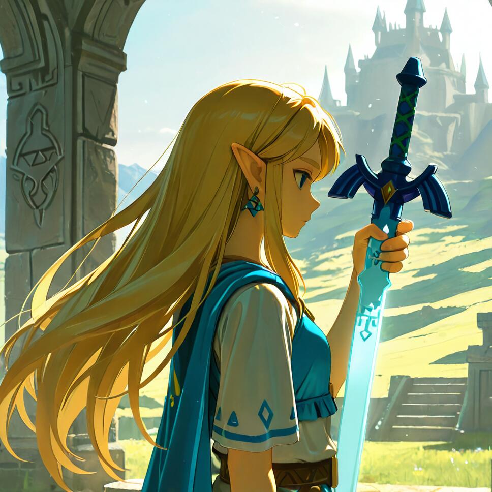 An anime-style illustration of Princess Zelda with long blonde hair, standing in profile and holding the blue Master Sword. In the background is a green field and a large castle.