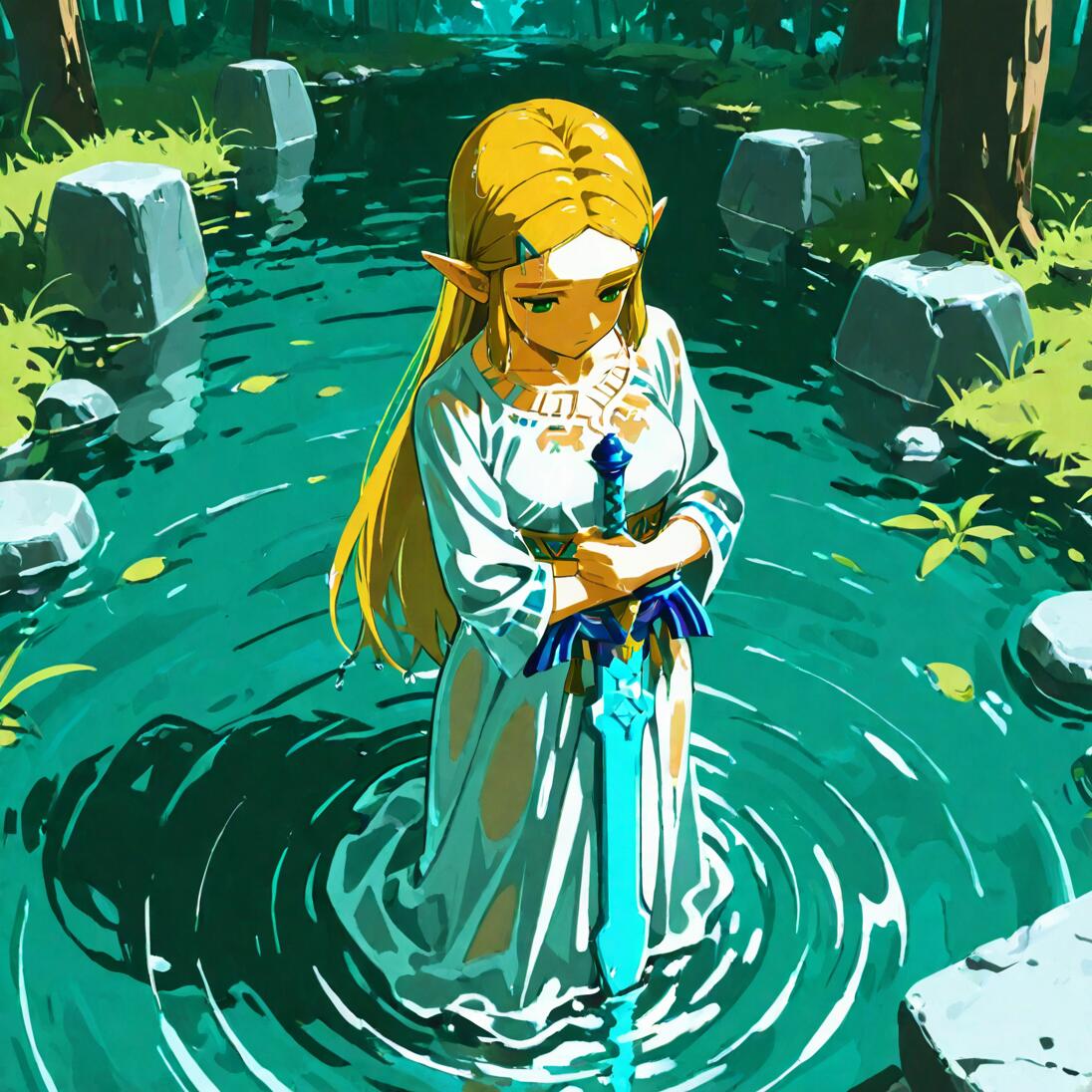 An anime-style illustration of Princess Zelda standing in a tranquil, teal-colored forest spring. She has long blonde hair and pointed ears, and wears a white ceremonial dress. She holds the Master Sword vertically in front of her with both hands, looking down with a sad expression as ripples spread across the water's surface.