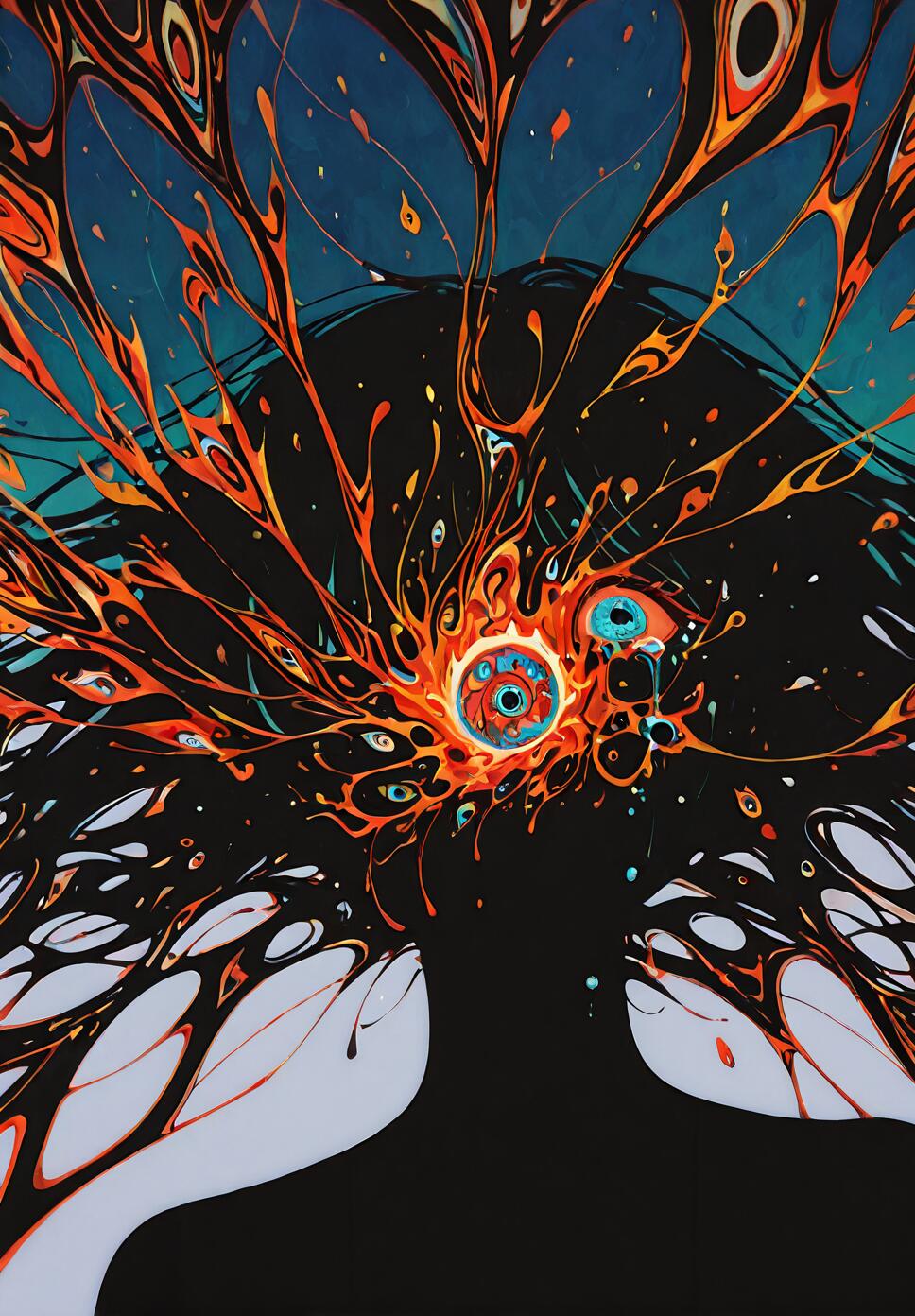 An abstract illustration of a black silhouette of a person's head and shoulders. A vibrant explosion of orange, red, and blue bursts from the eye area, featuring a large, stylized eyeball at its center. The background is a deep, dark blue.