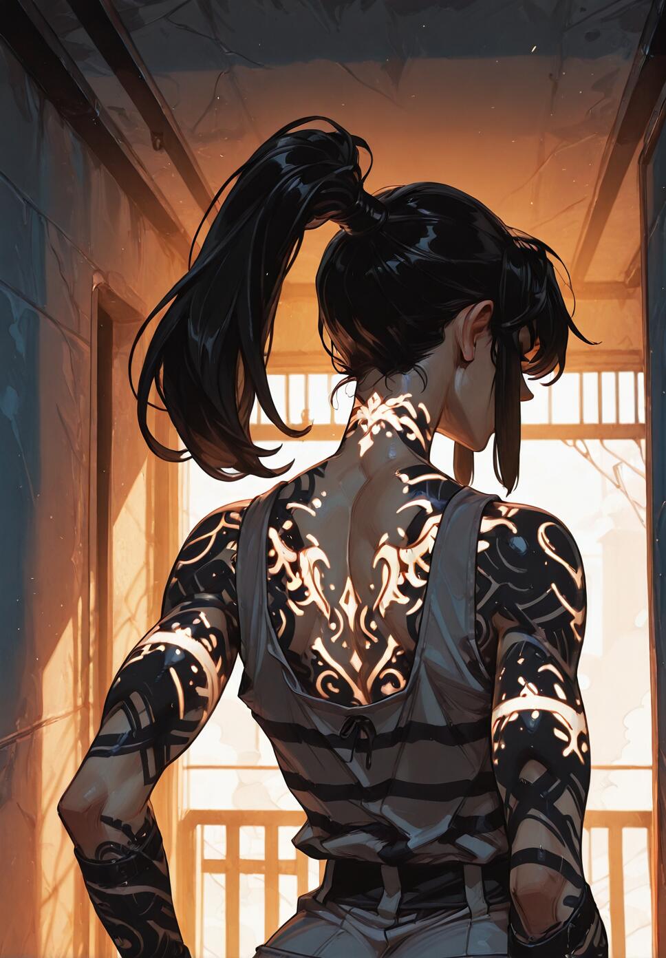 A rear view of a muscular woman with black hair in a high ponytail, standing in a corridor. Her back and arms are covered in intricate black tattoos that glow with a bright, warm light.