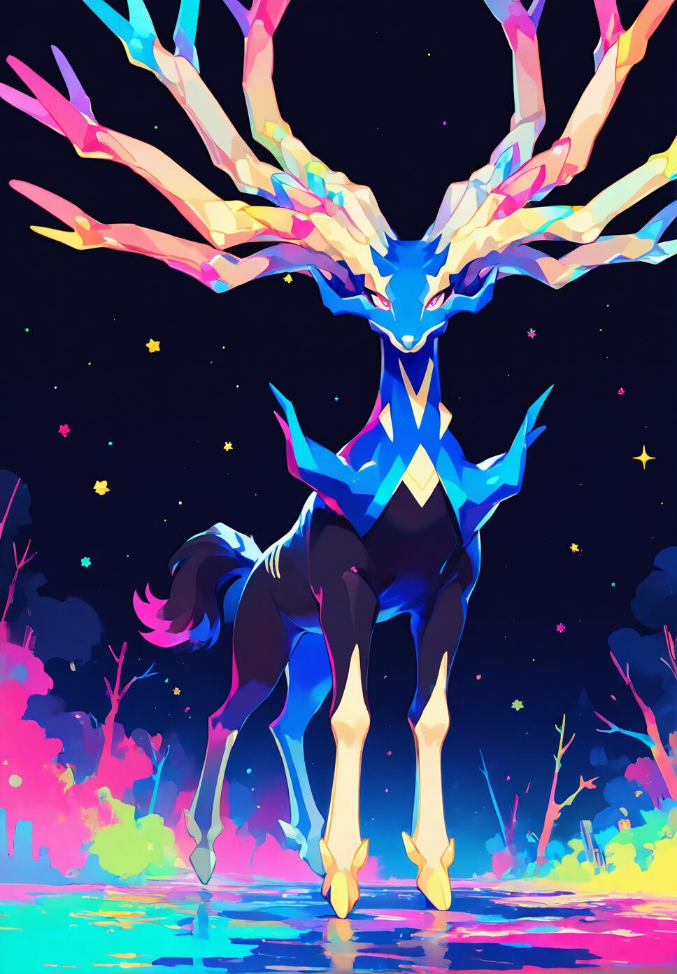 A full-body illustration of the Pokémon Xerneas. It is a blue and black deer-like creature with large, elaborate rainbow-colored antlers. It stands in a vibrantly colored, neon landscape under a starry night sky, reflected in the water at its feet.