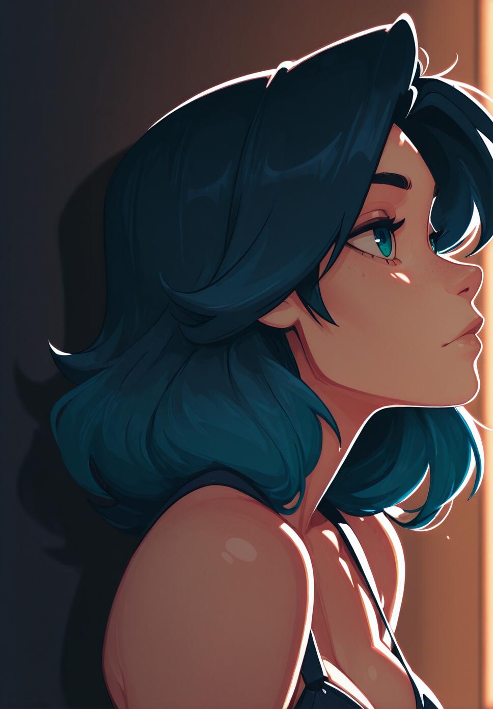 A digital illustration of a young woman named Rae with short blue hair, shown in profile. She is looking towards a bright light source, which creates a strong highlight on her face and hair against a dark background.