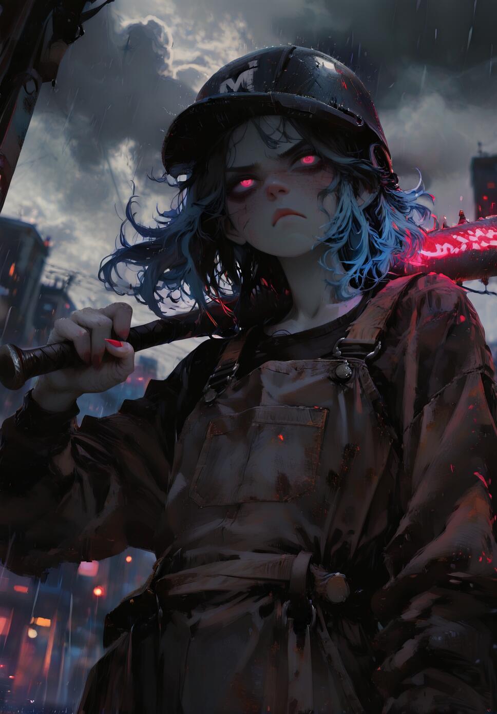 A digital illustration of a young woman with blue hair, glowing red eyes, and a helmet, holding a glowing baseball bat over her shoulder in a rainy, dark cityscape at night. She has an angry expression.