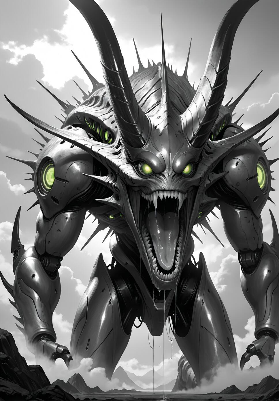 A black and white illustration of a gigantic, monstrous robot with demonic features. The mecha has large horns, multiple glowing green eyes, and is roaring with its mouth agape, revealing sharp teeth. It stands in a powerful pose amidst a cloudy, mountainous landscape.